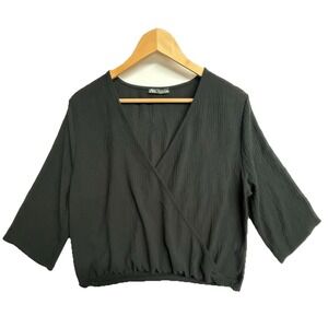 Zara Women's Top L Black Cropped Wrap Textured Blouse Elastic Hem